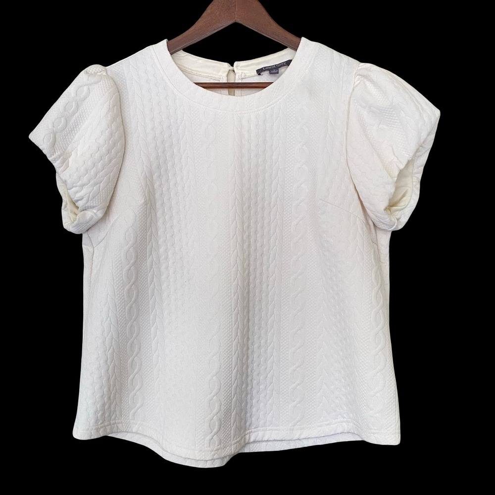 Laurel Grey Textured Puff‎ Sleeve Top Womens Large Ivory Cable Knit
